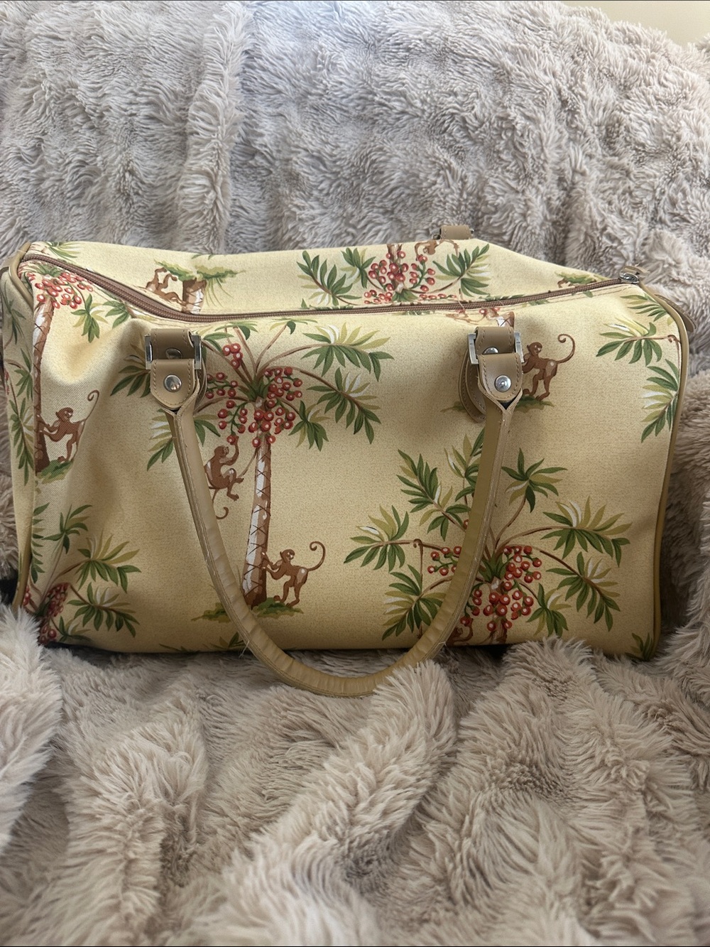 Tropical Monkey Print Weekender Bag in Beige